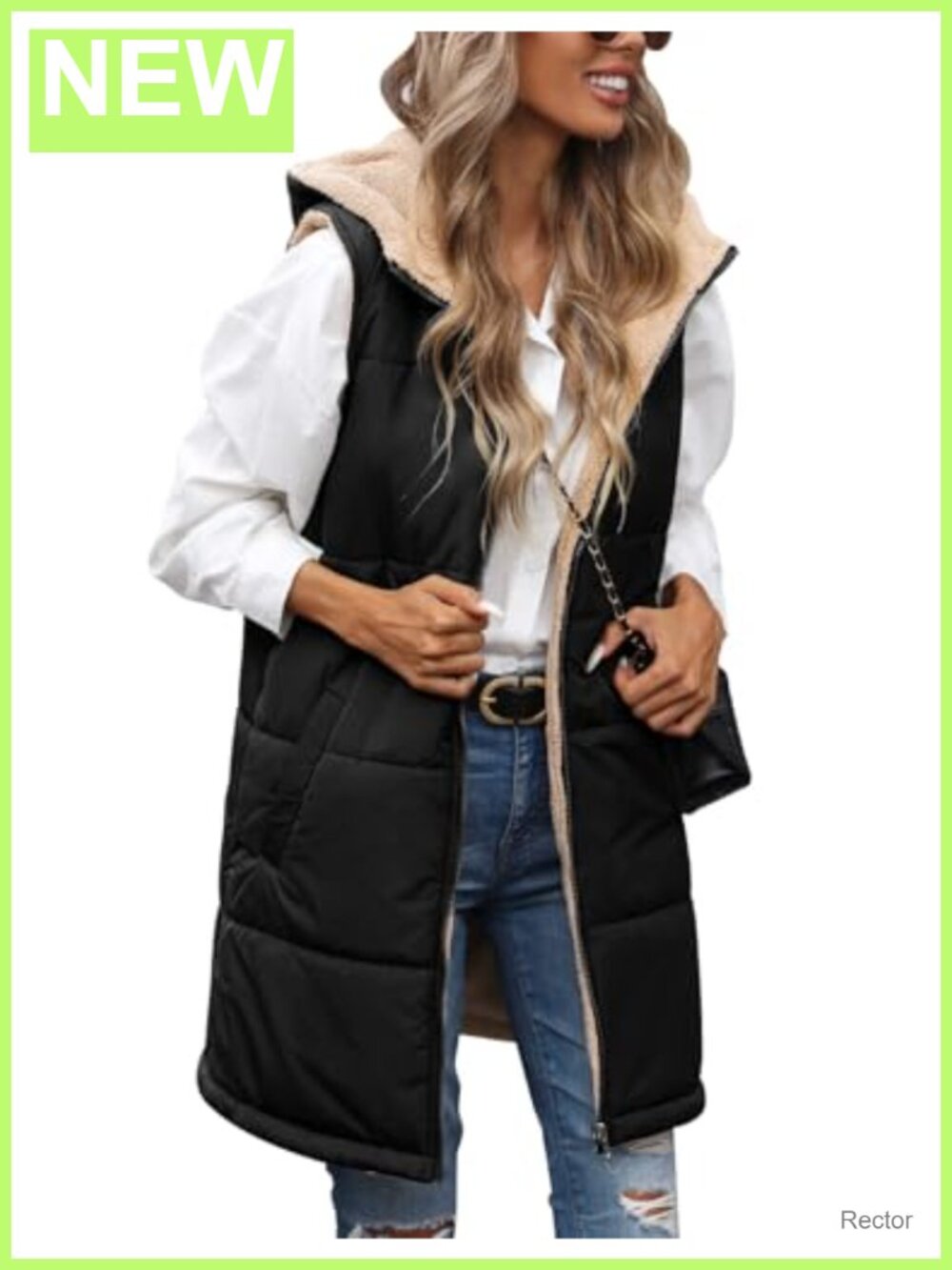 Womens Reversible Long Puffer Vest Fleece Lined Sleeveless Zip Up Winter Warm